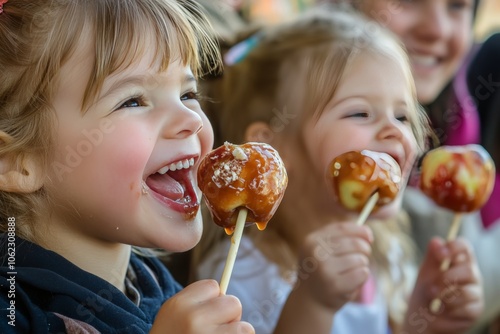 Joyful children enjoying caramel apples on sticks, spontaneous outdoor celebration, childhood happiness, sweet treat concept