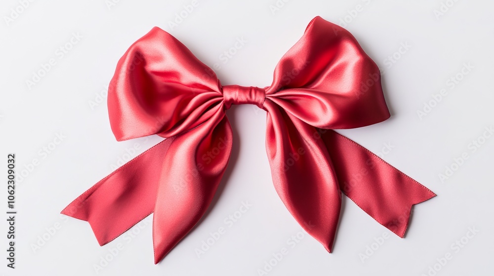 Fototapeta premium A beautiful red ribbon made of satin is tied into a bow and placed on a white background.