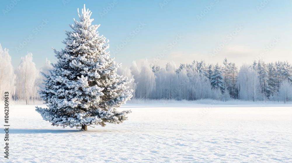 A snow-covered field with a single evergreen tree in the distance, copy space, winter mood A snow-covered field with a single evergreen tree in the distance, copy space, winter mood