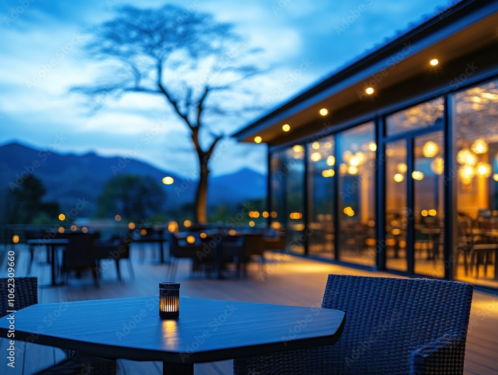 A modern cafe with large glass windows is set against a scenic backdrop. The warm interior lights contrast with the serene twilight sky, creating a cozy ambiance. A modern cafe with large glass windows is set against a scenic backdrop. The warm interior lights contrast with the serene twilight sky, creating a cozy ambiance.