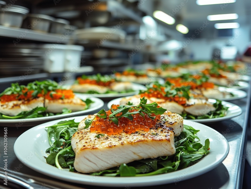 Gourmet dishes elegantly plated, featuring grilled fish topped with red caviar and arugula on white plates, set in a professional kitchen. Gourmet dishes elegantly plated, featuring grilled fish topped with red caviar and arugula on white plates, set in a professional kitchen.