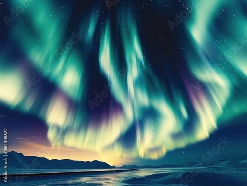 A breathtaking view of aurora borealis lighting up the night sky over a tranquil landscape, with vibrant green, purple, and yellow hues blending seamlessly.