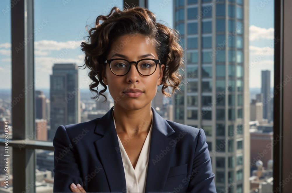 Confident Businesswoman in Modern Office with City Skyline Confident Businesswoman in Modern Office with City Skyline