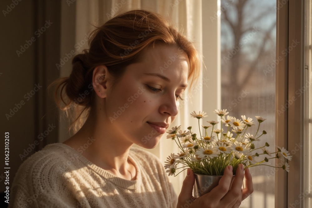 Serene Young Woman Enjoying Fresh Daisies by a Sunlit Window Serene Young Woman Enjoying Fresh Daisies by a Sunlit Window