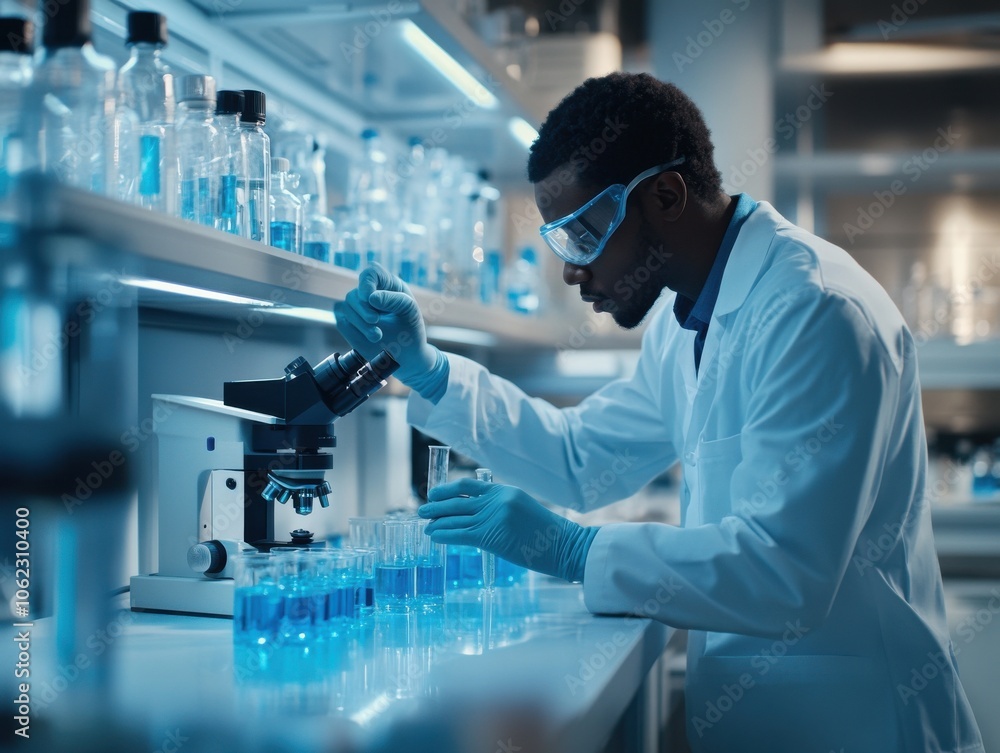 A scientist in a laboratory analyzing blue liquid in test tubes while using a microscope. The setting is modern and well-lit, emphasizing scientific research. A scientist in a laboratory analyzing blue liquid in test tubes while using a microscope. The setting is modern and well-lit, emphasizing scientific research.