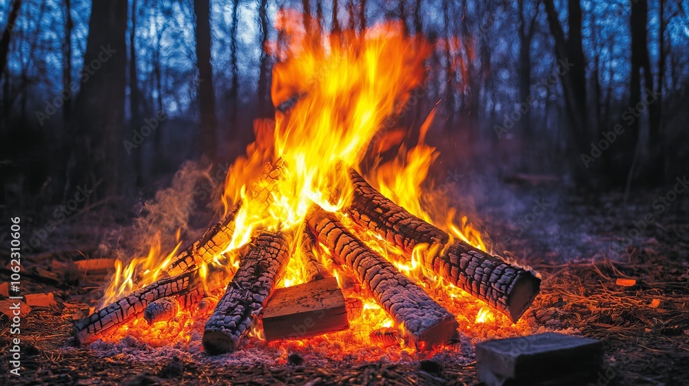 A bonfire burns in a forest, casting an orange glow on the trees. Flames dance around burning wood and bricks, sending smoke into the air. The night is dark and the background is blurry. A bonfire burns in a forest, casting an orange glow on the trees. Flames dance around burning wood and bricks, sending smoke into the air. The night is dark and the background is blurry.