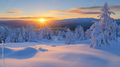 A beautiful winter sunset casting a warm glow over a snowy landscape, copy space, winter mood