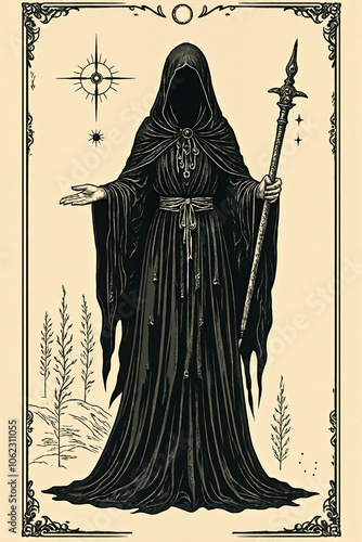 Book of the dead ancient mysticism page depicting high priestess holding scepter conjuring unholy magic spells