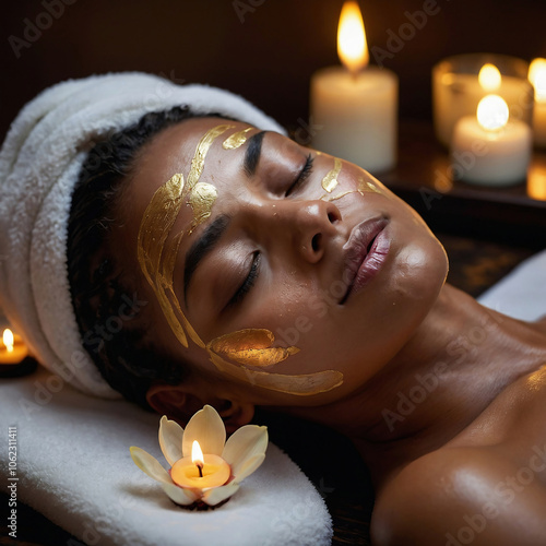 Luxurious Spa Facial with Gold Mask and Candlelit Ambiance