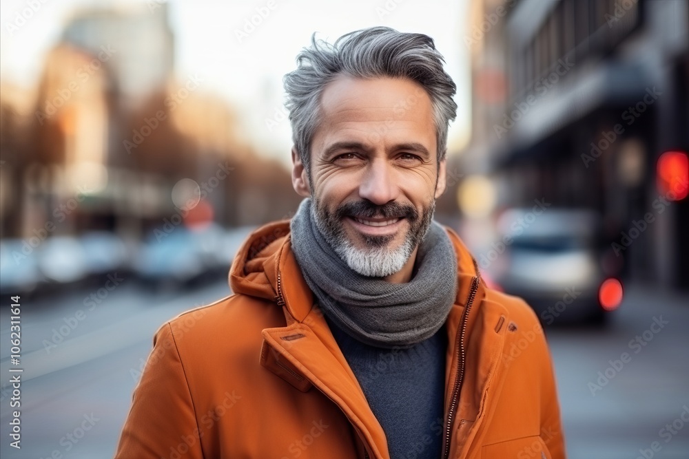 Portrait of a handsome mature man with grey hair wearing a coat and scarf in the city Portrait of a handsome mature man with grey hair wearing a coat and scarf in the city