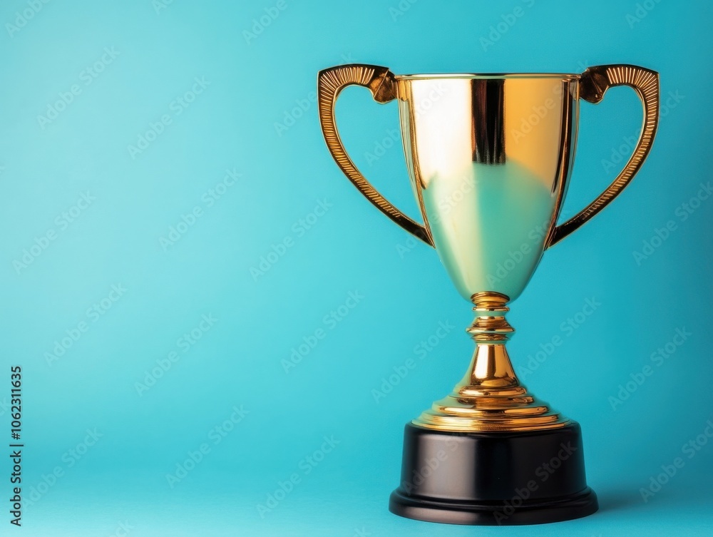 A gold trophy on a black base against a bright turquoise background, showcasing a shiny and polished surface symbolizing achievement and excellence. A gold trophy on a black base against a bright turquoise background, showcasing a shiny and polished surface symbolizing achievement and excellence.