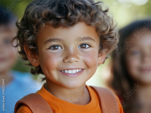 A cheerful child with curly hair smiles brightly, wearing an orange shirt and backpack, ready for school with friends in the background.