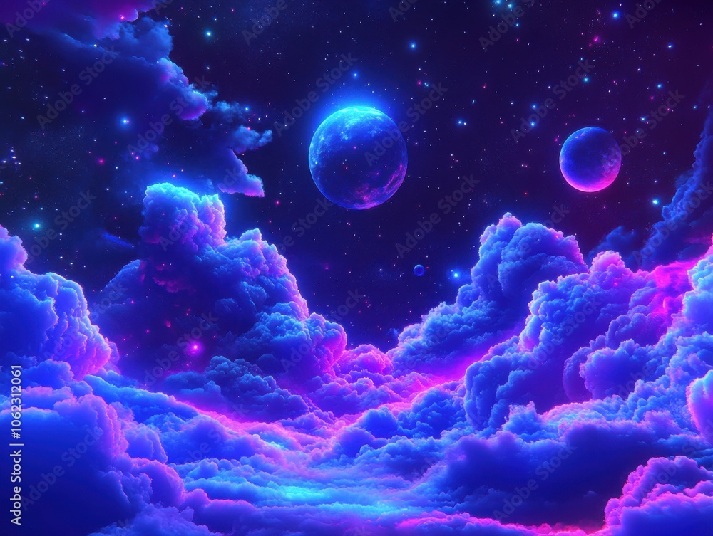 Obraz premium A surreal, digital artwork of a fantasy cosmos with vibrant nebulae and glowing planets. The colors blend seamlessly in a dreamlike cosmic scene.