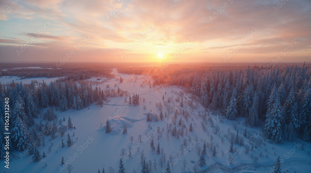 Fototapeta premium Snow-Covered Forest at Sunset in Winter Wonderland