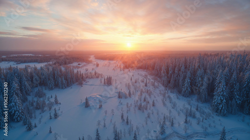 Snow-Covered Forest at Sunset in Winter Wonderland