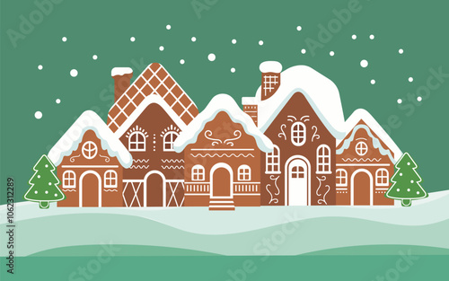 Gingerbread houses christmas scene. Cute vector illustration in flat cartoon style