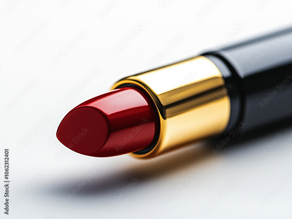 Elegant red lipstick in a sleek black tube with a golden cap ready for a makeup application on a clean surface Elegant red lipstick in a sleek black tube with a golden cap ready for a makeup application on a clean surface