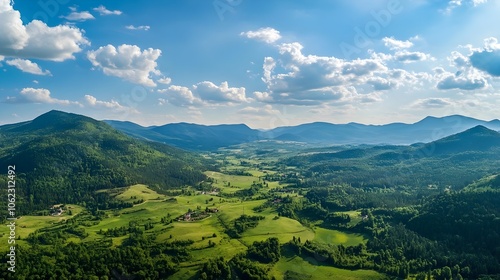 Aerial drone view of different mountain peaks during a beautiful sunny day with a green valley below. Connection with nature, More adventure in life. Prenj Mountain in Bosnia and Herzegovina. photo