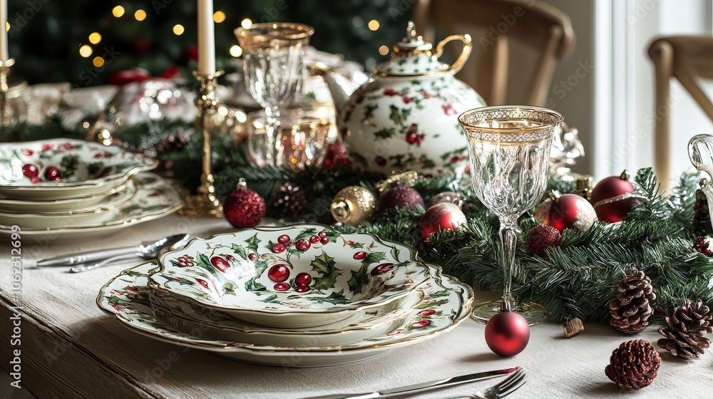 A Christmas table setting with festive decorations A Christmas table setting with festive decorations