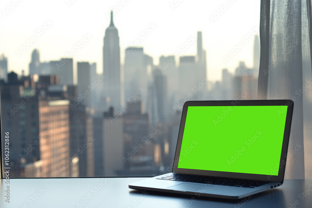 Laptop with green screen on desk overlooking city skyline, vibrant display concept