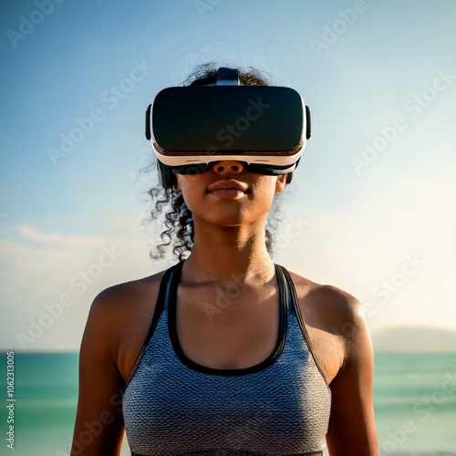 Mulher usando óculos de realidade virtual ao ar livre photo