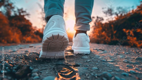 shoes stepping backward, with footprints appearing ahead of them instead of behind photo