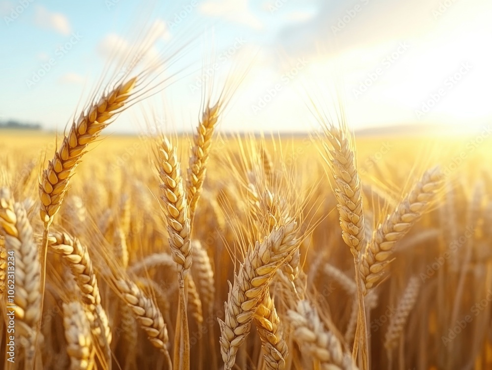 A serene illustration of a field of ripe wheat glowing under the warm sunlight, capturing the essence of a bountiful harvest.