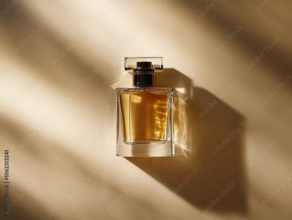 A gold glass bottle containing men's eau de parfum is elegantly displayed, casting a soft shadow on a neutral background, highlighting its luxurious design.