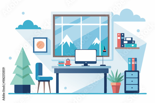 Minimalist Winter Workstation by Window on white background 