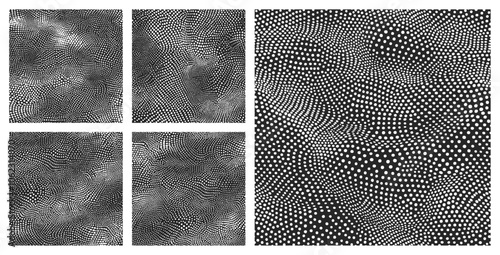 Dotted Warped Surfaces Seamless Patterns Black White Abstract Background Vector Set. Waveform Structure Illustration. Dot Work Technologic Topographic Maps Loopable Design Elements Clip Art Collection