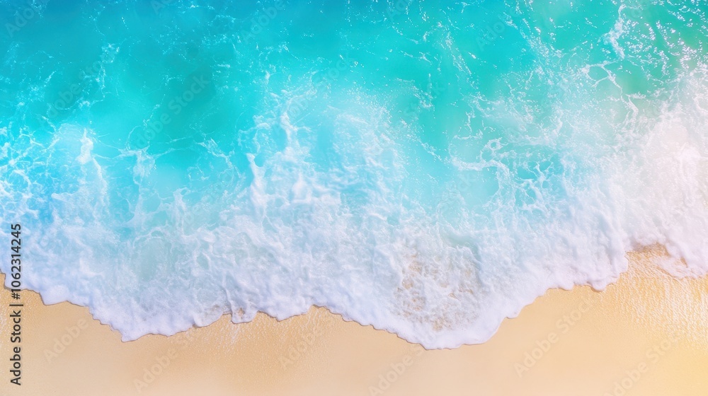 Aerial view of turquoise ocean waves gently lapping at a sandy beach, showcasing the vibrant colors of water and shoreline. Aerial view of turquoise ocean waves gently lapping at a sandy beach, showcasing the vibrant colors of water and shoreline.