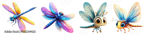 A 3D dragonfly icon on a transparent background, showcasing its elongated body and large transparent wings, known for its agile flight.