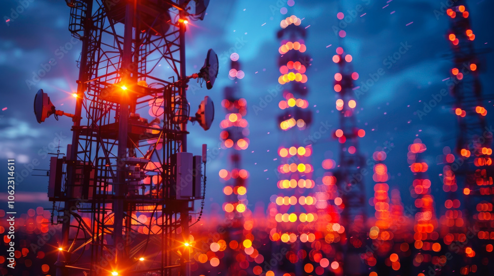 Obraz premium Telecommunication Towers with Vibrant Lights for World Telecommunication Day 