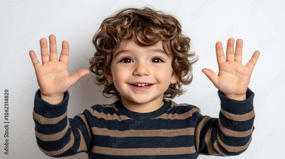 Happy Child with Curly Hair Smiling and Raising Hands in Excitement Happy Child with Curly Hair Smiling and Raising Hands in Excitement