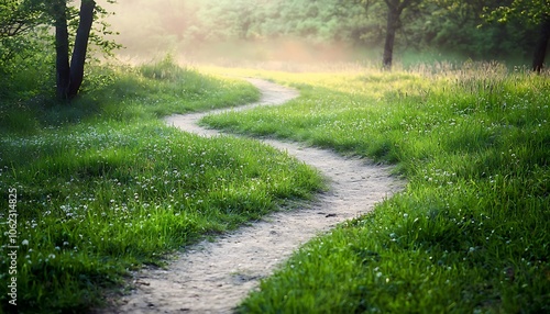 Fototapeta Naklejka Na Ścianę i Meble -  Scenic path winding through a grassy field at dawn, captured in a natural spring summer landscape.