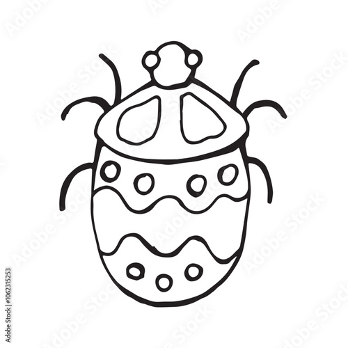 Coloring page of a beetle, bug. Insect outline vector, icon. Hand drawn doodle style, Isolated black line on white.