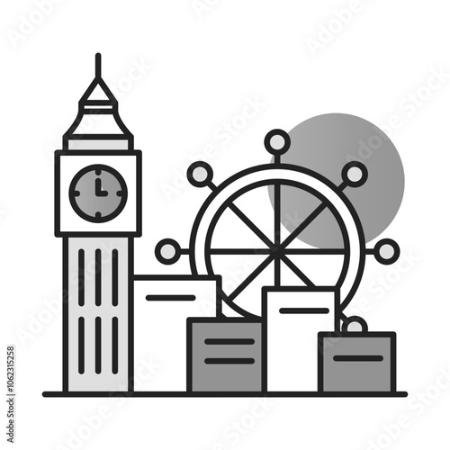 Landmark with Ferris Wheel. Icons Included: Tourism, Sightseeing, City Attractions