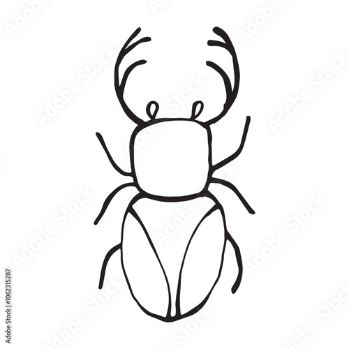 Coloring page of a beetle, bug. Insect outline vector, icon. Hand drawn doodle style, Isolated black line on white.