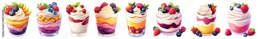A delightful 3D icon of a yogurt parfait layered with fruits and granola, showcased against a transparent background to emphasize its freshness. A delightful 3D icon of a yogurt parfait layered with fruits and granola, showcased against a transparent background to emphasize its freshness.