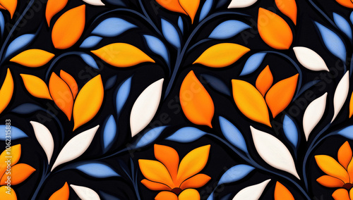 Wallpaper Mural Seamless abstract leaves pattern with vibrant orange, blue and white colors Torontodigital.ca