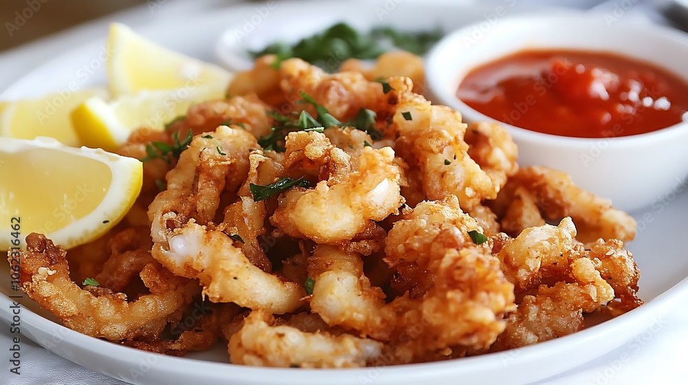 A plate of crispy fried calamari served with marinara sauce and lemon wedges A plate of crispy fried calamari served with marinara sauce and lemon wedges