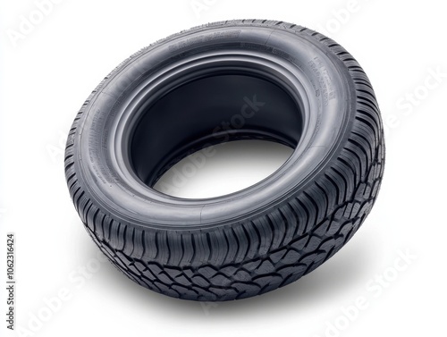 An isolated car tire on a white background, showcasing detailed tread patterns. The image focuses on the tire's robust design. photo