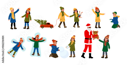 Festive winter activities with children celebrating the holiday season in a snowy setting