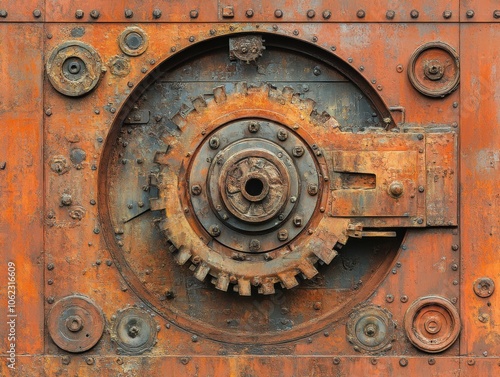 A detailed view of a rusty steampunk machinery wall, featuring intricate gears and mechanical components with a worn, industrial aesthetic.