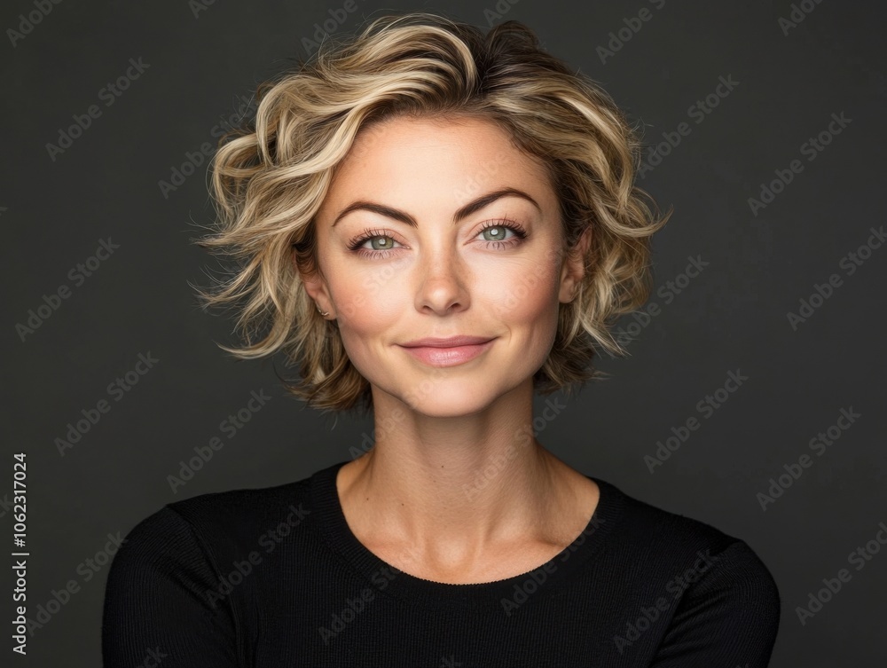 A smiling model with short, curly blonde hair poses against a dark background, exuding a sense of confidence and modern fashion. A smiling model with short, curly blonde hair poses against a dark background, exuding a sense of confidence and modern fashion.