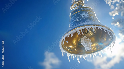 Giant Christmas Bell Spinning Slowly in the Sky, With Frost Crystals Forming on Its Edges  photo