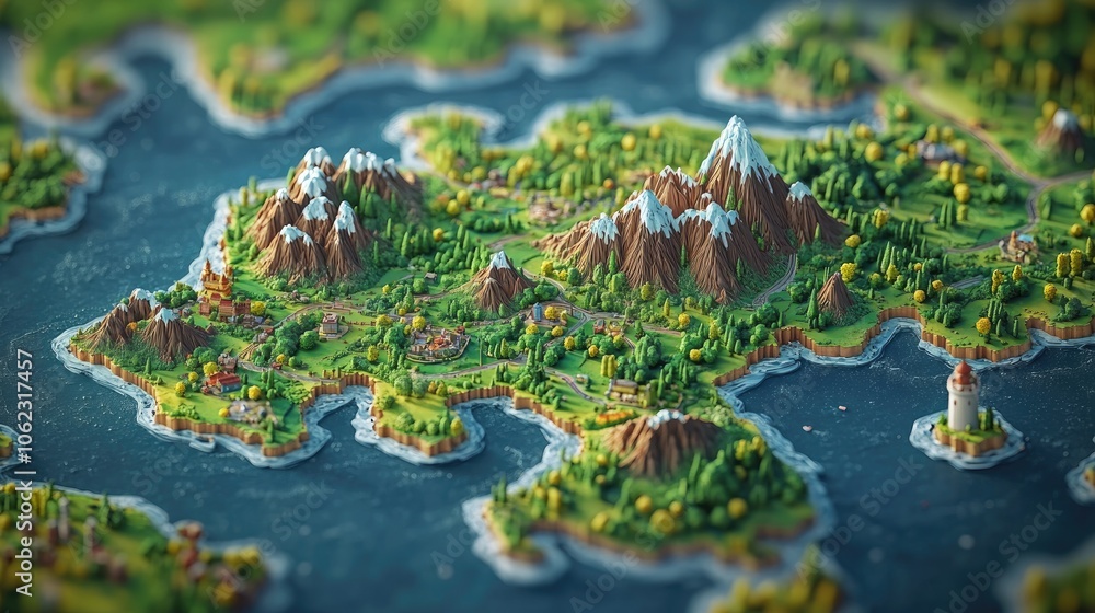 Colorful Fantasy Island Map with Mountains and Sea in Detailed Isometric View Colorful Fantasy Island Map with Mountains and Sea in Detailed Isometric View