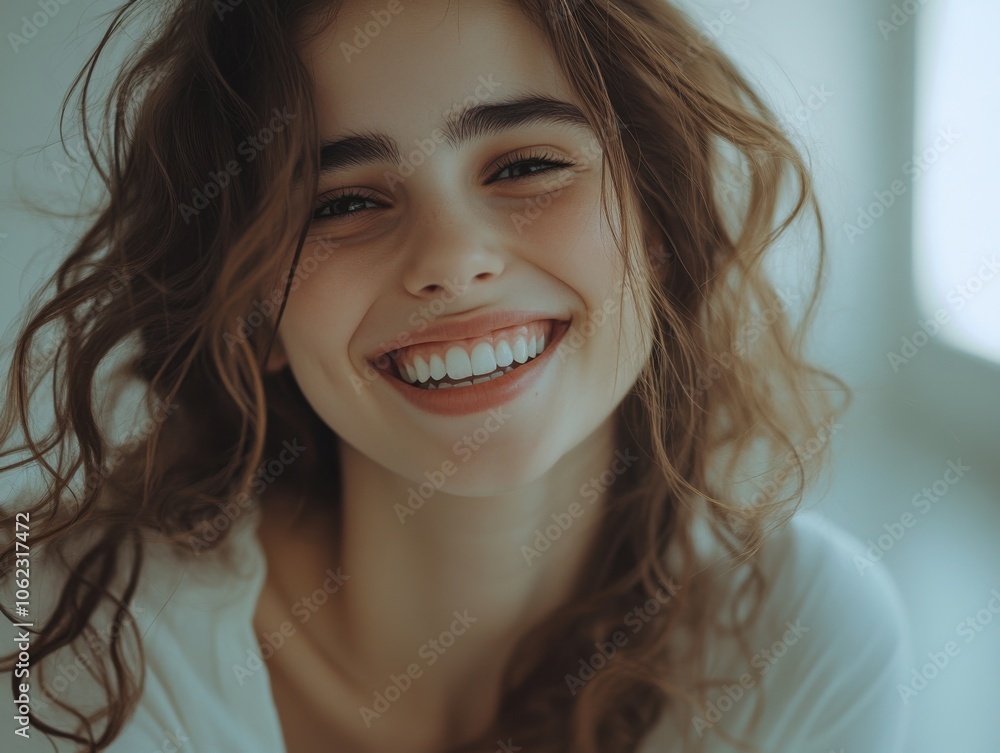 A joyful girl with curly hair smiles brightly in a soft, white studio setting, exuding happiness and warmth. A joyful girl with curly hair smiles brightly in a soft, white studio setting, exuding happiness and warmth.