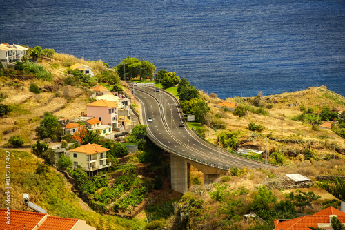 An expressway running along the ocean in a picturesque area among the buildings photo