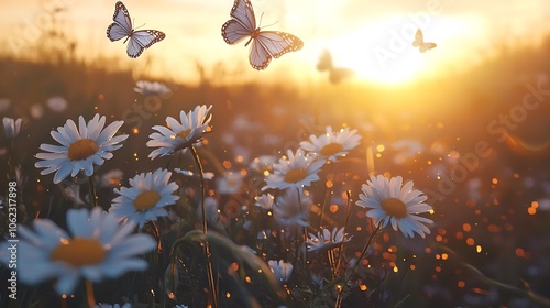 Sunlit field of daisies accompanied by fluttering butterflies, showcasing chamomile flowers in a panoramic landscape.